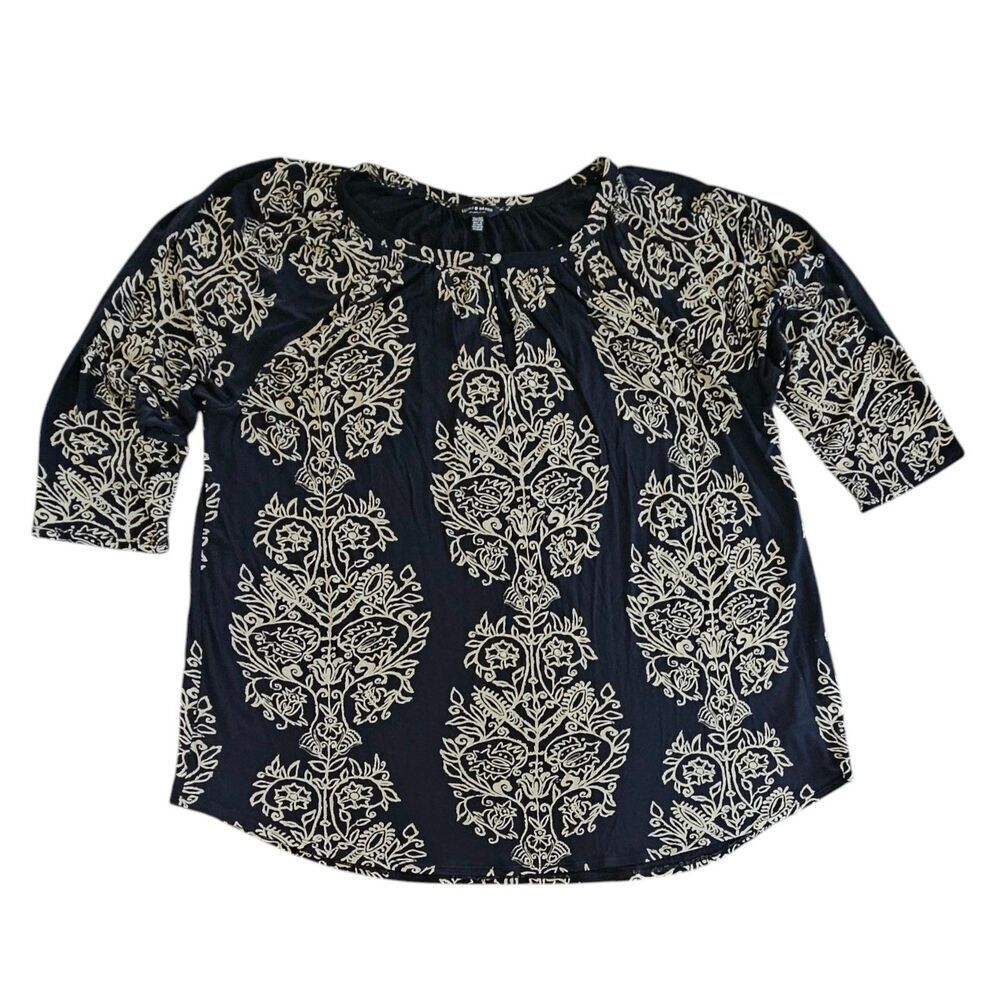 Lucky Brand Womens 2X Black Damask Peasant Jersey Knit Top Shirt 3/4 Sleeve